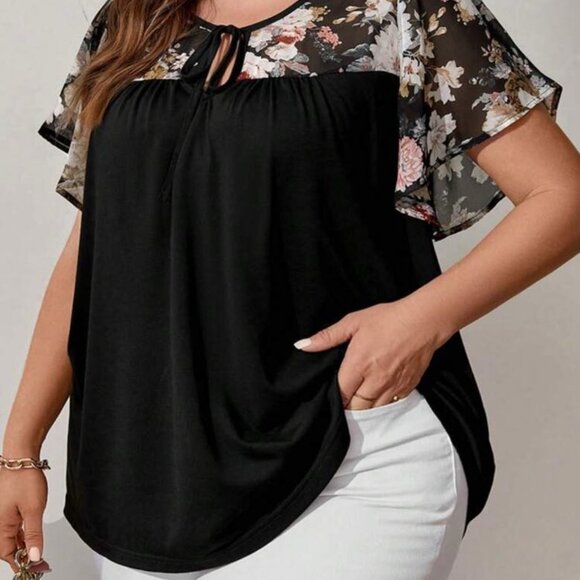 SHEIN CURVE+ Plus Size Women Spring Floral Printed Tie-Up Black Shirt - Picture 5 of 5